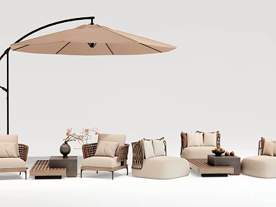 Stylish Outdoor Chairs with Rattan Design Cushions and Side Tables Under Sunshade for Patio 3d model