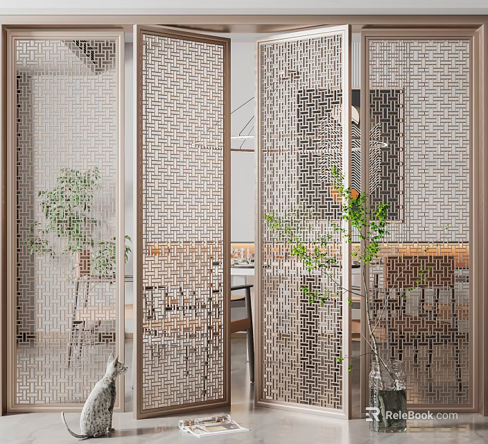 Modern Room Divider With Intricate Cutout Design And Metal Frame In Indoor Space 3d model 