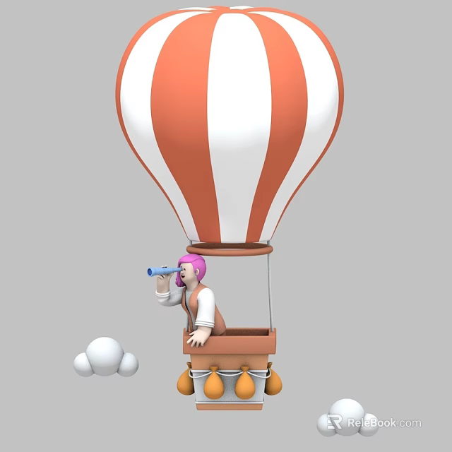 Red And White Striped Hot Air Balloon With Pink Haired Person Using Telescope And White Clouds 3d model 