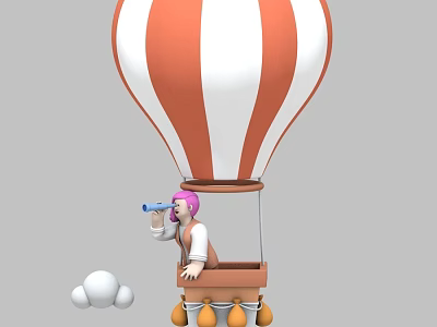 Red And White Striped Hot Air Balloon With Pink Haired Person Using Telescope And White Clouds 3d model