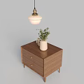 Modern Wooden Nightstand Design With Two Drawers Vase Green Plants Small Jars And Hanging Lamp