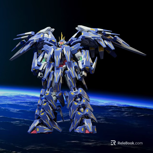 Blue Robot Model With Detailed Armor Mechanical Wings And Space Earth Background 3d model 