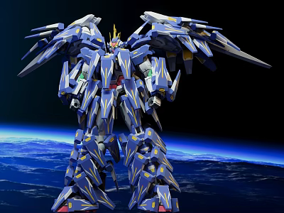 Blue Robot Model With Detailed Armor Mechanical Wings And Space Earth Background 3d model