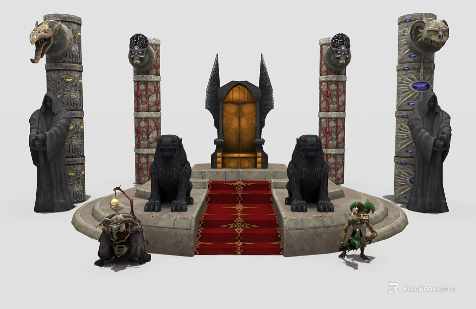 Cartoon Fantasy Throne Room With Golden Throne Red Carpet Lion Statues And Decorated Pillars 3d model 
