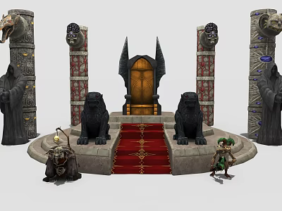 Cartoon Fantasy Throne Room With Golden Throne Red Carpet Lion Statues And Decorated Pillars 3d model