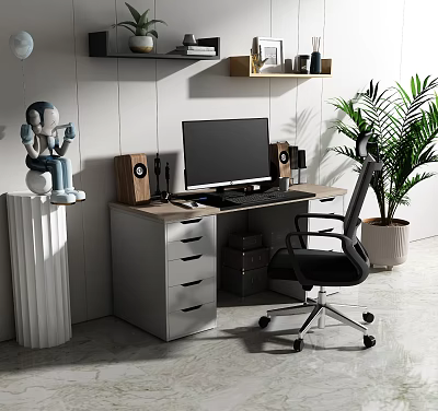 Modern Home Office Desk with Computer Monitor Speakers Ergonomic Chair Wall Shelves Potted Plant 3d model