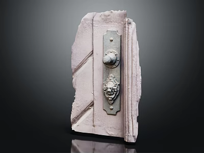Antique Lion Head Door Knocker Mounted On Carved Stone Door Panel 3d model