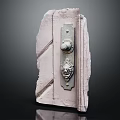 Antique Lion Head Door Knocker Mounted On Carved Stone Door Panel