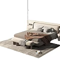 Modern Double Bed With Upholstered Headboard Pillows Blanket Foot Bench And Nightstand On Area Rug