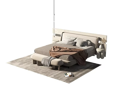 Modern Double Bed With Upholstered Headboard Pillows Blanket Foot Bench And Nightstand On Area Rug 3d model