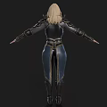 Blonde Woman In Ornate Black And Gold Metallic Armor With Arms Outstretched
