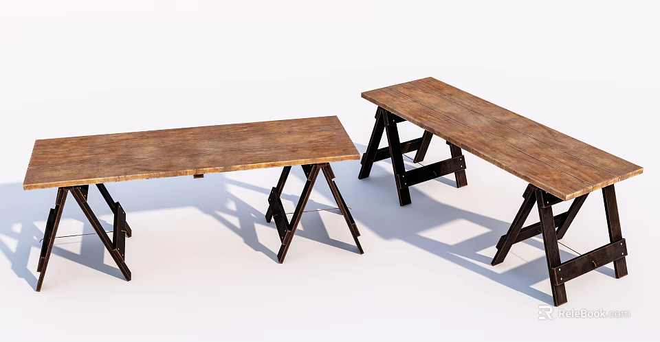 Two Rustic Wooden Folding Tables With Black Metal Trestle Legs 3d model 