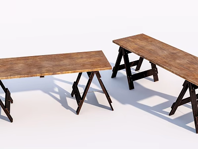Two Rustic Wooden Folding Tables With Black Metal Trestle Legs 3d model