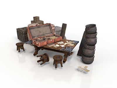 Vintage Storage Scene With Open Suitcase Wooden Table Small Stools Stacked Barrels And Crates 3d model