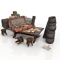 Vintage Storage Scene With Open Suitcase Wooden Table Small Stools Stacked Barrels And Crates
