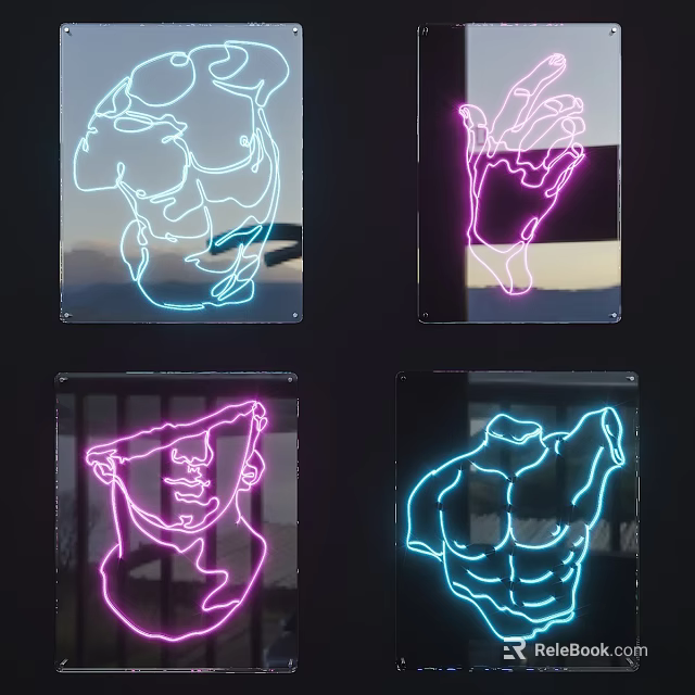 Vibrant Abstract Paintings Featuring Human Figure Elements In Blue And Pink Neon Lines 3d model 