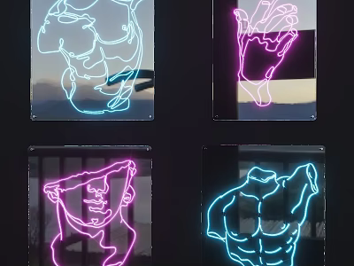 Vibrant Abstract Paintings Featuring Human Figure Elements In Blue And Pink Neon Lines 3d model