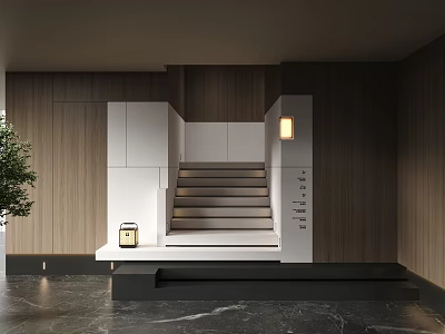 Modern Staircase Design in Interior with Wooden Walls White Cabinets Lantern and Marble Floor 3d model