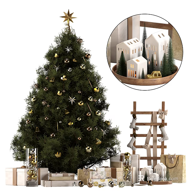 Festive Christmas Tree With Golden Ornaments Small House Models Ladder And Gift Boxes 3d model 