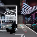 Modern Fitness Gym With Circular Neon Lights Workout Equipment And Mirror Walls
