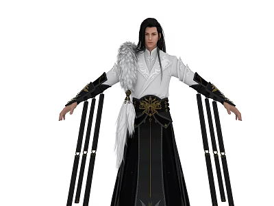 Ancient-style Male Figure With Avian Feather Adornments Black And White Robes Golden Belt Outstretched Arms 3d model