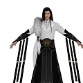 Ancient-style Male Figure With Avian Feather Adornments Black And White Robes Golden Belt Outstretched Arms