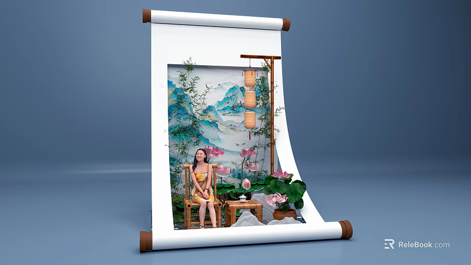 Traditional Chinese Scroll Photo Check-in Spot With Landscape Painting Lantern And Lotus Flowers 3d model 