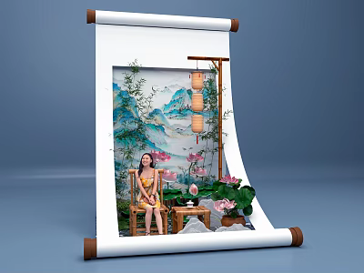 Traditional Chinese Scroll Photo Check-in Spot With Landscape Painting Lantern And Lotus Flowers 3d model