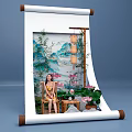 Traditional Chinese Scroll Photo Check-in Spot With Landscape Painting Lantern And Lotus Flowers
