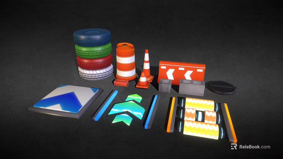 Traffic Scene Components with Traffic Cones Road Barriers Sign Boards Reflective Strips and Stacked Tires 3d model 