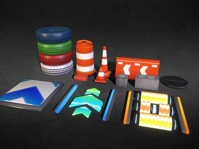 Traffic Scene Components with Traffic Cones Road Barriers Sign Boards Reflective Strips and Stacked Tires 3d model