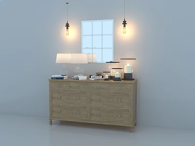 Wooden Console Table With Drawers Table Lamp Books Decorative Items By Window And Pendant Lights 3d model