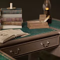 Vintage Wooden Desk with Stacked Books Antique Lamps and Leather Chair