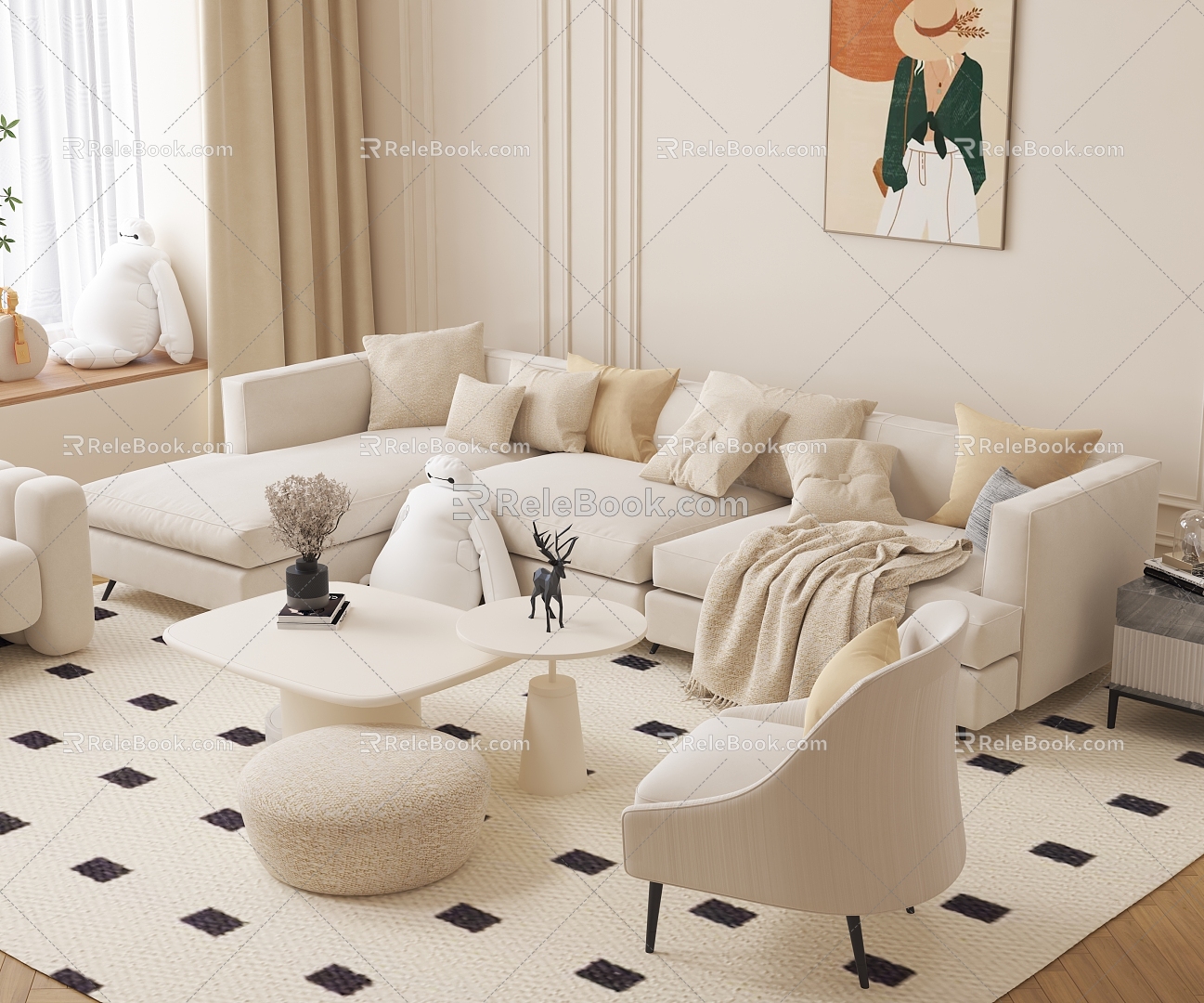 Cream wind sofa combination 3d model