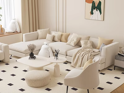 Cozy Modern Living and Dining Room Interior With Beige Sofa Multiple Pillows And Geometric Rug 3d model
