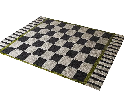 Black and White Checkered Square Rug with Green Border and Striped Edges 3d model