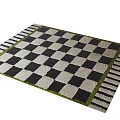 Black and White Checkered Square Rug with Green Border and Striped Edges