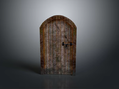 Vintage Wooden Arched Door With Textured Surface And Metal Handle 3d model