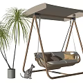Cozy Wooden Canopy Swing Chair With Soft Cushions Palm Tree And Cat For Outdoor Relaxation