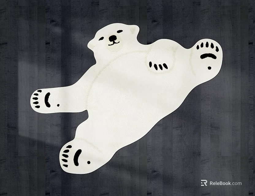 Polar Bear Shaped White Rug With Black Paw Details On Dark Wooden Floor 3d model 