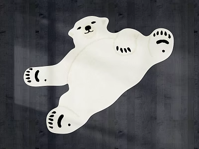 Polar Bear Shaped White Rug With Black Paw Details On Dark Wooden Floor 3d model