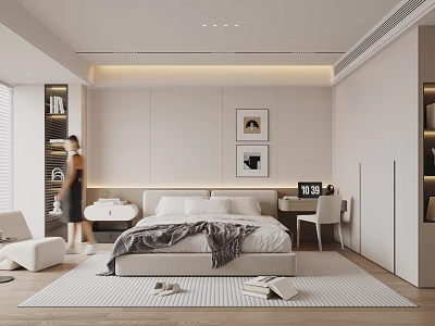 Modern Bedroom Interior Design With Bed Area Rug Desk Chair And Bookshelf 3d model