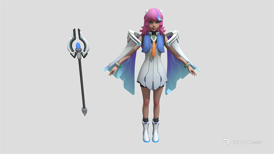 Detailed Pink Haired Winged Fantasy Character In White Blue Outfit With Magic Staff 3d model 
