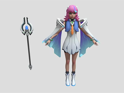 Detailed Pink Haired Winged Fantasy Character In White Blue Outfit With Magic Staff 3d model