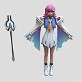 Detailed Pink Haired Winged Fantasy Character In White Blue Outfit With Magic Staff