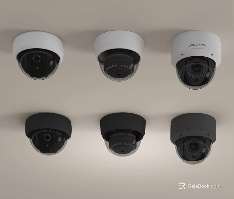 Six White And Black Dome Surveillance Cameras Hikvision Brand Ceiling Mounted Design 3d model 