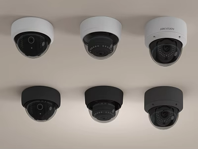 Six White And Black Dome Surveillance Cameras Hikvision Brand Ceiling Mounted Design 3d model