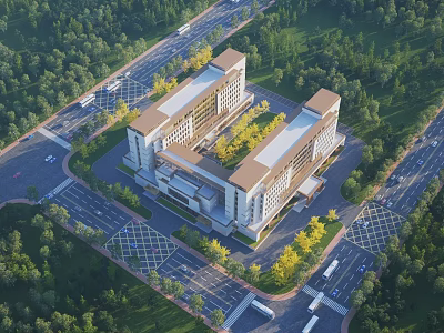 Aerial View of Two Symmetric Modern Buildings With Brown Roof Surrounding Greenery Roads and Parking 3d model