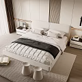 Modern Double Bed with White Headboard Bedding Nightstands Stools and Rug in Modern Bedroom