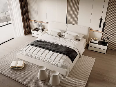 Modern Double Bed with White Headboard Bedding Nightstands Stools and Rug in Modern Bedroom 3d model